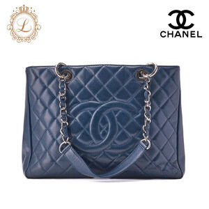 Chanel Matelasse Caviar Shoulder Bag Coco Mark GST Double Chain Tote Navy Blue